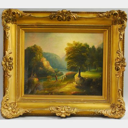 Continental School, 19th Century Landscape with Figure By a Stream.