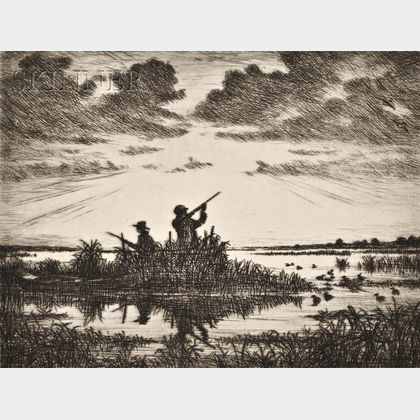 Hans Kleiber (American/German, 1887-1967) Lot of Two Duck Hunting Scenes: Marsh Gunners at Dawn