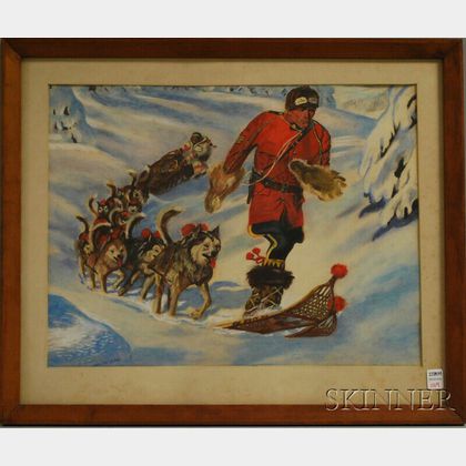 Framed Pastel on Paper of a Dog Sled and a Man on Snowshoes