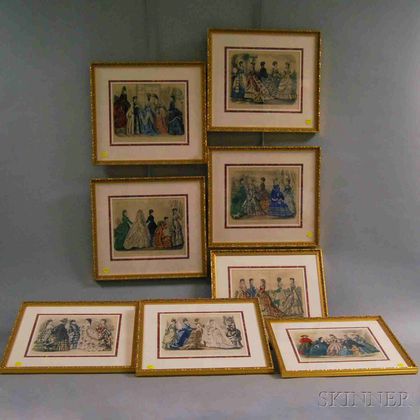 Seven Hand-colored Framed Godey Fashion Prints