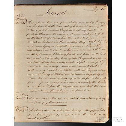 Manuscript Account of a Sea Journey Coinciding with the War of 1812.