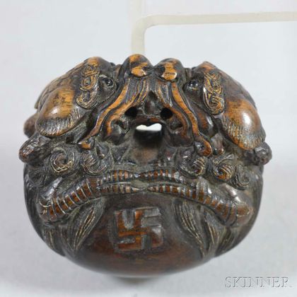 Carved Wood Netsuke of a Slit Temple Drum