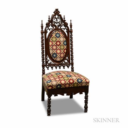 Gothic Revival Carved Rosewood Needlepoint-upholstered Side Chair