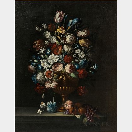 Dutch School, 17th Century Style Still Life with Flowers, Fruit, and Butterfly