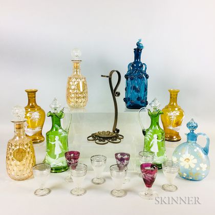 Eight Colored Glass Decanters and Nine Cordials