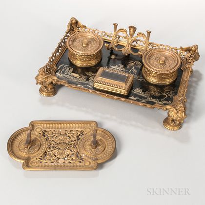 Dore Bronze and Chinoiserie Decorated Wood Inkstand and Pen Holder
