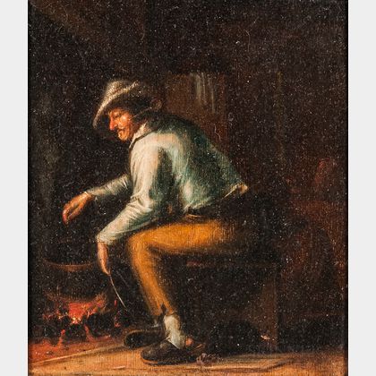 Dutch School, 17th Century Seated Man Tending a Cauldron at an Open Hearth