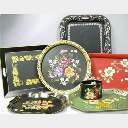 Six Assorted Decorated Tole Trays and a Small Box. 