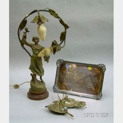 James Tufts Victorian Aesthetic Silver Plated Tray, a Cast Metal Horse/Equestrian Tray, and an Art Nouveau Cast... 