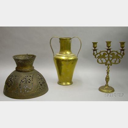 Pierced Brass Lamp Shade, a Brass Three-Light Candelabra, and Jug with Two Handles. 