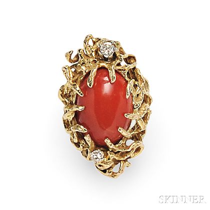 14kt Gold, Coral, and Diamond Ring