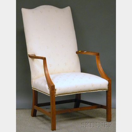 Chippendale-style Ivory Damask Upholstered Carved Mahogany Lolling Chair. 