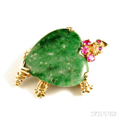14kt Gold, Ruby, and Jade Turtle Brooch