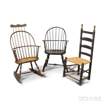 Two Windsor Armchairs and a Slat-back Side Chair. Estimate $20-200