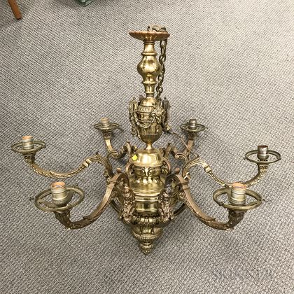 Renaissance Revival-style Brass and Glass Six-light Chandelier