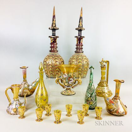 Seventeen Moser-type Enameled Glass Decanters, Jugs, and Cordials