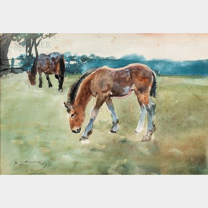 Sir Alfred Munnings (British, 1878-1959) Foal Grazing, Another Horse Behind
