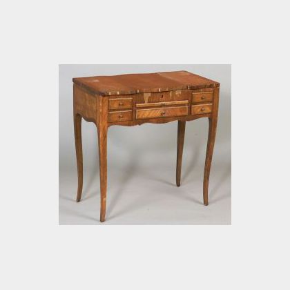 Louis XV Style Marquetry-inlaid Tulipwood Poudreuse, 19th century, with three hinged lids, two drawers and a sliding shelf on cabriole 