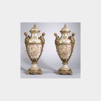 Pair of Ormolu Mounted Royal Sydney Ware Covered Urns