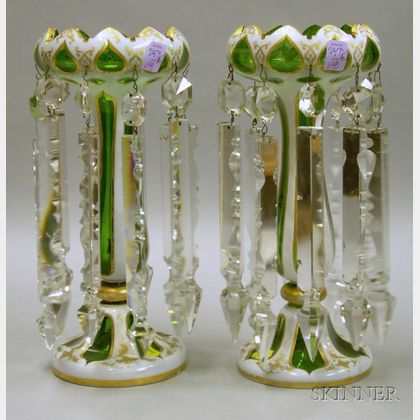 Pair of Gilt and Hand-painted Floral Decorated Cut Cased Glass Girandoles with Prisms