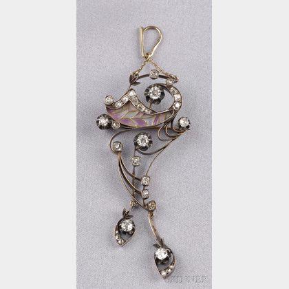 Art Nouveau Plique-a-Jour Enamel and Diamond Pendant, 