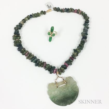 18kt Gold and Jadeite Ring and a Jadeite and Tourmaline Bead Necklace with Carved Jadeite Pendant