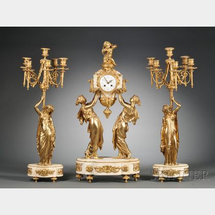 Three Piece Louis XV-style French Bronze and Alabaster Clock Garniture