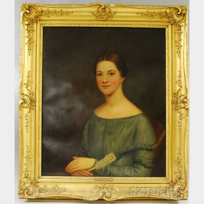 American School 19th Century Oil on Canvas Portrait of a Young Woman Holding a Hand Fan