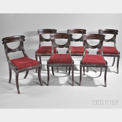 Set of Twelve Carved Mahogany and Mahogany Veneer Grecian Side Chairs