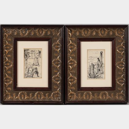 American School, 20th Century Two Framed Ink Drawings: Stable Scene