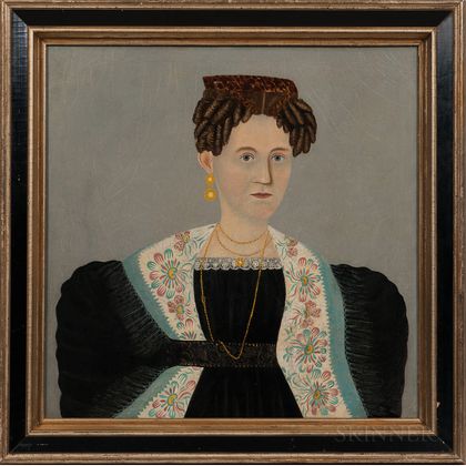 American School, Early 19th Century Portrait of a Woman Wearing a Tortoiseshell Comb and Floral Scarf
