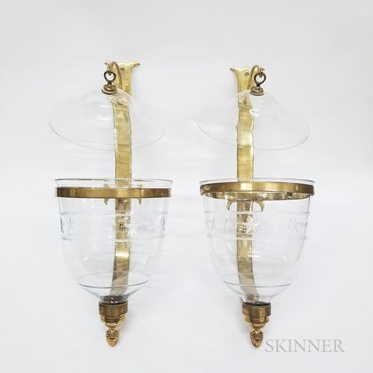 Pair of Federal-style Brass and Etched Glass Wall Sconces