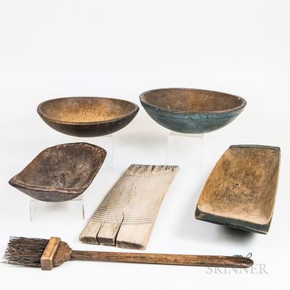 Four Turned Wood Bowls, a Washboard, and a Brush