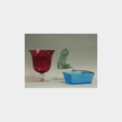 Cranberry Glass Vase, Blue Pattern Glass Basket, and a Union Glass Aqua Bird. 