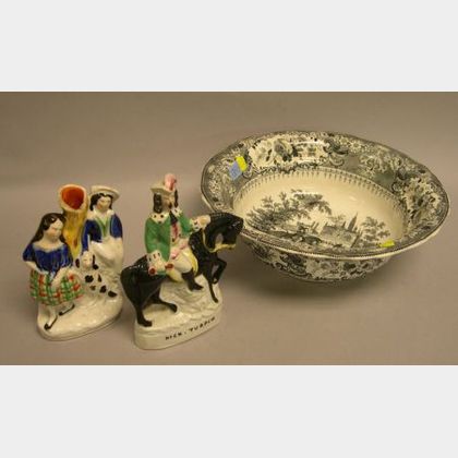 Two Staffordshire Figures and a T. Mayer Black and White Olympic Games Spanish Bullfight Transfer Decorated Staffordshire Bowl. 