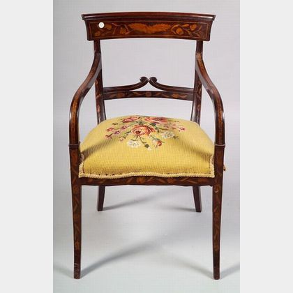 Dutch Fruitwood Marquetry Inlaid Mahogany Open Armchair