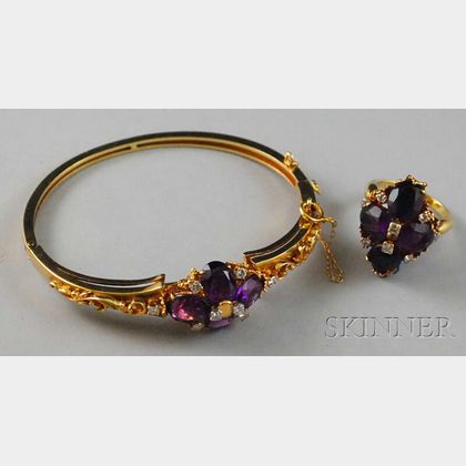 14kt Gold, Amethyst, and Diamond Hinged Bangle Bracelet and Matching Ring