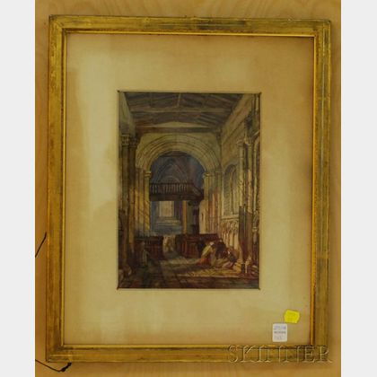 Framed Watercolor of the Interior of a Cathedral