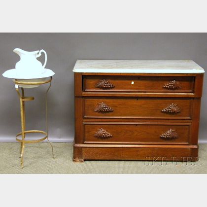 Victorian White Marble-top Carved Walnut Dresser and a White Ironstone Chamber Pitcher and Basin with Iron Stand. 