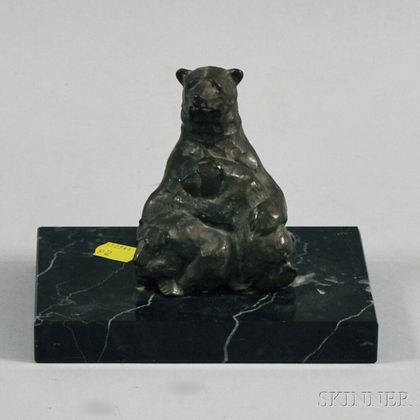 Small Bronze Sculpture of a Bear and Two Cubs on Marble Base