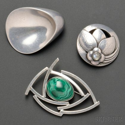 Two Georg Jensen Brooches and a Contemporary Studio Brooch 