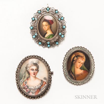 Three Painted Portrait Brooches