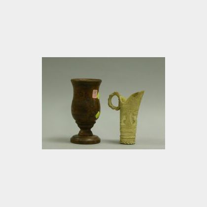 Carved Ivory Ewer and a Pitcairn Island Turned Wooden Chalice. 