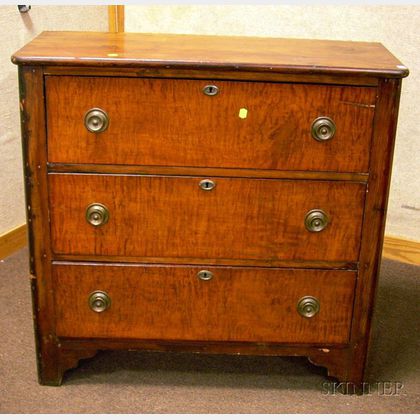 Late Victorian Pine and Tiger Maple Veneer Three-Drawer Chest. 