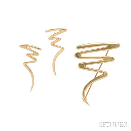 18kt Gold "Squiggle" Brooch and Earrings, Paloma Picasso, Tiffany & Co.