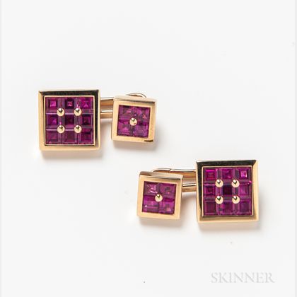 Pair of Square 18kt Gold and Ruby Cuff Links
