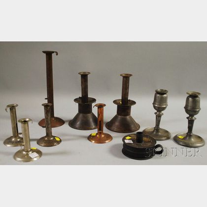 Ten Assorted Early Iron, Pewter, and Copper Lighting Items