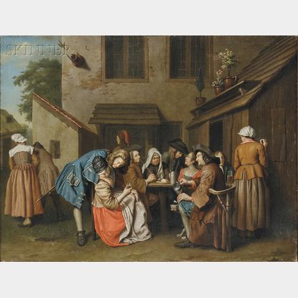 Peter Jacob Horemans (Flemish, 1700-1776) Figures Gathered in a Tavern Courtyard