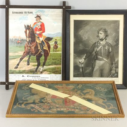 Four Framed British Commemorative Prints and a Textile. Estimate $200-400