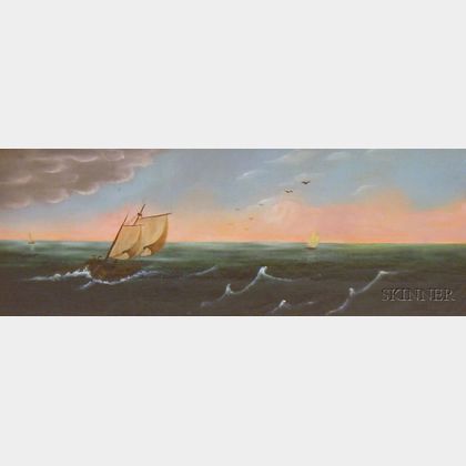 American School, 19th Century Sailing Vessels with Storm Approaching.